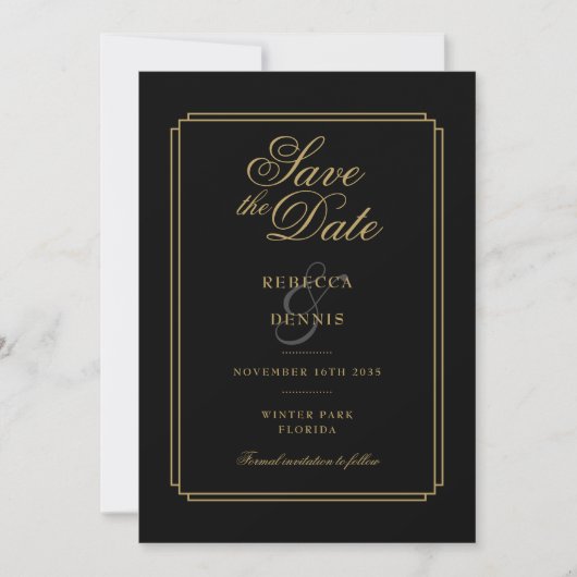 Chic Black and Gold Script Art Deco Foto Hochzeit Save The Date (Vorderseite)