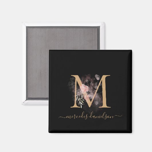 Chic Black and Gold Script Floral Monogram Magnet (Vorderseite/Rückseite)