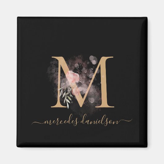 Chic Black and Gold Script Floral Monogram Magnet (Vorne)