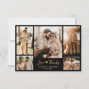 Chic Black and Gold Script Foto Collage Wedding Dankeskarte
