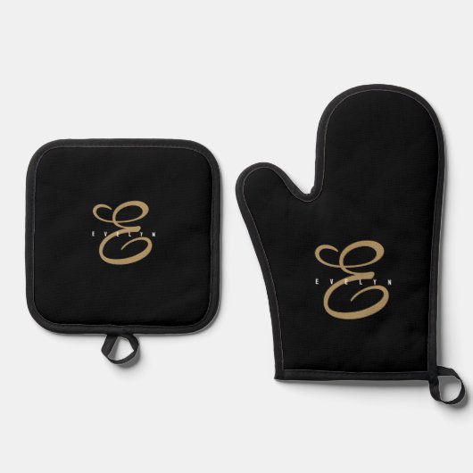 Chic Black and Gold Script Monogram Ofenhandschuh & Topflappen-Set (Vorderseite)
