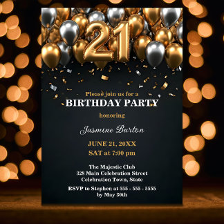 Chic Black and Gold Silver Ballon 21. Geburtstag Einladung