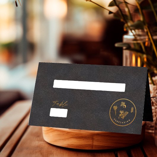 Chic Black and Gold vegetarische Hochzeitsnahrung  Platzkarte