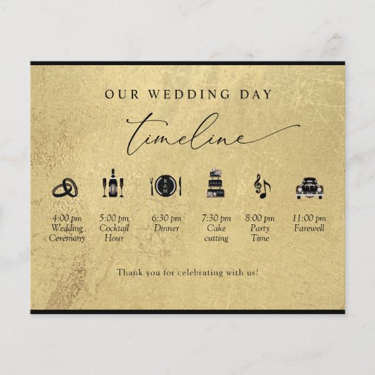 Chic Black and Gold Wedding Timeline und Programm (Vorderseite)
