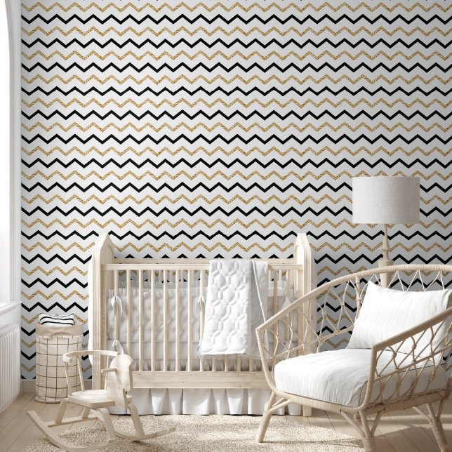 Chic Black and Gold Zigzag Line Muster Tapete (Kinder)