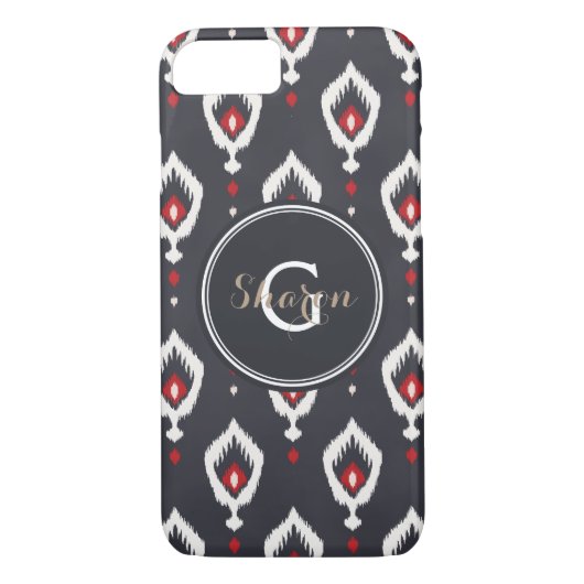 Chic black and red ikat tribal pattern monogram Case-Mate iPhone hülle (Rückseite)