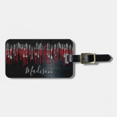 Chic Black and Red Silber Glitzer Tropfen Monogram Gepäckanhänger (Vorderseite horizontal)