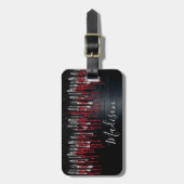 Chic Black and Red Silber Glitzer Tropfen Monogram Gepäckanhänger (Vorderseite vertikal)