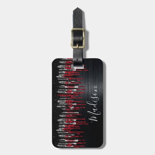 Chic Black and Red Silber Glitzer Tropfen Monogram Gepäckanhänger (Vorderseite vertikal)