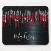 Chic Black and Red Silber Glitzer Tropfen Monogram Mousepad (Vorne)