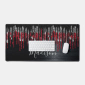Chic Black and Red Silber Glitzer Tropfen Monogram Schreibtischunterlage (Tastatur & Maus)