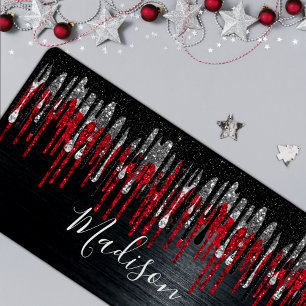 Chic Black and Red Silber Glitzer Tropfen Monogram Schreibtischunterlage