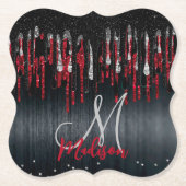 Chic Black and Red Silber Glitzer Tropfen Monogram Untersetzer (Vorderseite)