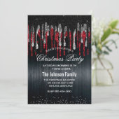 Chic Black and Red Silber Glitzer Tropfen Weihnach Einladung (Stehend Vorderseite)