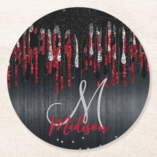 Chic Black and Red Silver Glitzer Tropfen Monogram Runder Pappuntersetzer (Vorderseite)