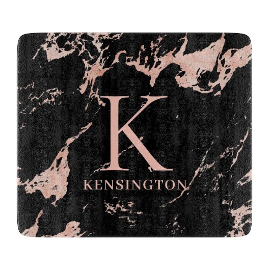 Chic Black and Rose Gold Foil Marmor Monogramm Schneidebrett (Vorderseite)