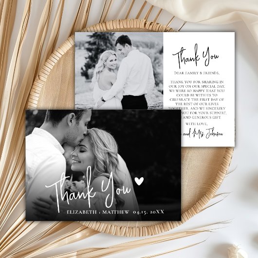 Chic Black and White 2 Photo Script Wedding  Dankeskarte