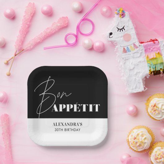 Chic Black and White Bon Appétit Birthday Pappteller (Party)