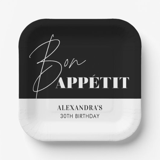 Chic Black and White Bon Appétit Birthday Pappteller (Vorderseite)