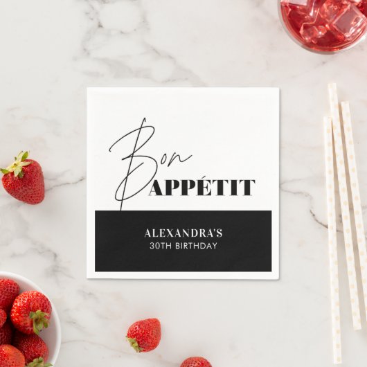 Chic Black and White Bon Appétit Script Geburtstag Serviette (Beispiel)