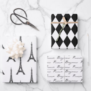 Chic Black and White Bonjour Geschenkpapier Set