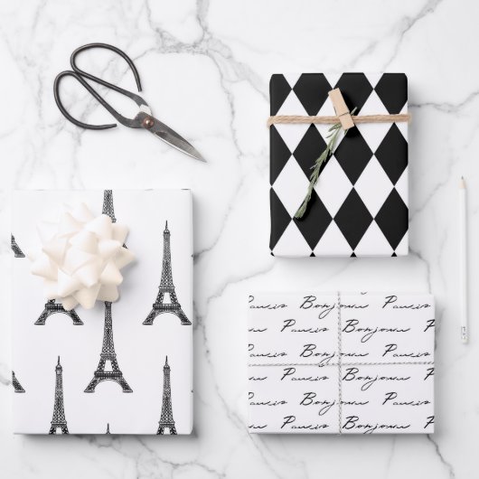 Chic Black and White Bonjour Geschenkpapier Set (Vorderseite)