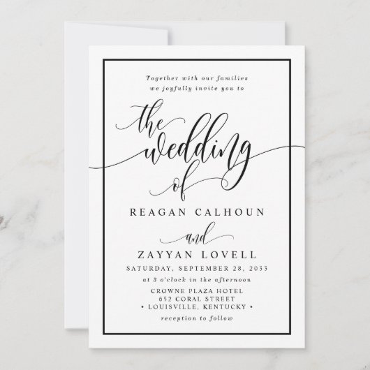 Chic Black and White Calligraphy Script Wedding in Einladung (Vorderseite)
