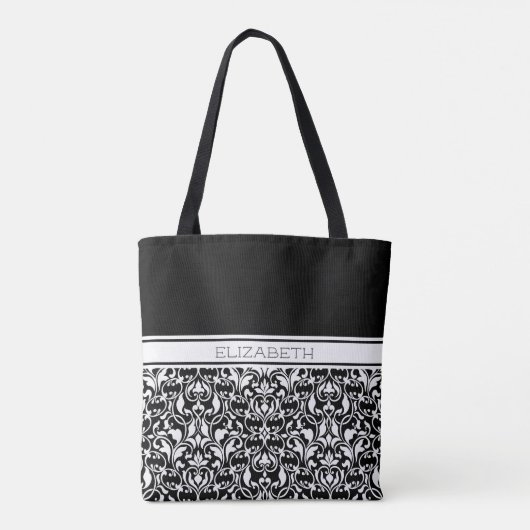 Chic Black and White Damask Personalisiert Totbeut Tasche (Rückseite)