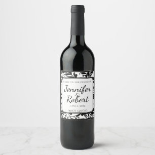 Chic Black and White Damask Weinetikett