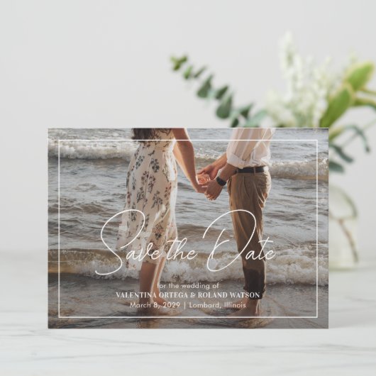 Chic Black and White Foto Moderne Hochzeit Save The Date (Stehend Vorderseite)