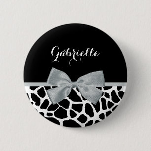 Chic Black and White Giraffe Print Silver Gray Bow Button