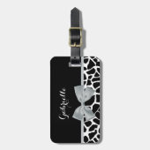 Chic Black and White Giraffe Print Silver Gray Bow Gepäckanhänger (Vorderseite vertikal)
