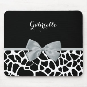 Chic Black and White Giraffe Print Silver Gray Bow Mousepad
