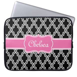 Chic Black and White Lattice Pink Name Laptopschutzhülle