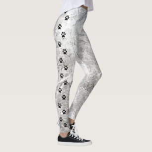 Chic Black and White Marmor Side Stripe Paw Print Leggings