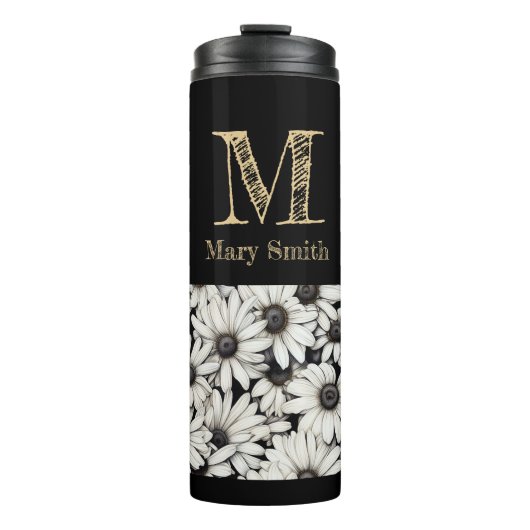 Chic Black and White Mit Monogramm Floral Minimali Thermosbecher (Vorderseite)
