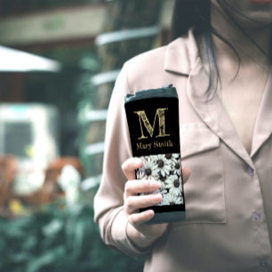 Chic Black and White Mit Monogramm Floral Minimali Thermosbecher