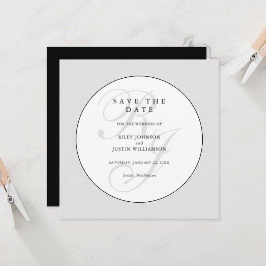 Chic Black and White Monogram Save the Date (Vorderseite/Rückseite Beispiel)