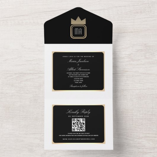 Chic Black and White Qr Code Hochzeit All In One Einladung (Innen Boden)