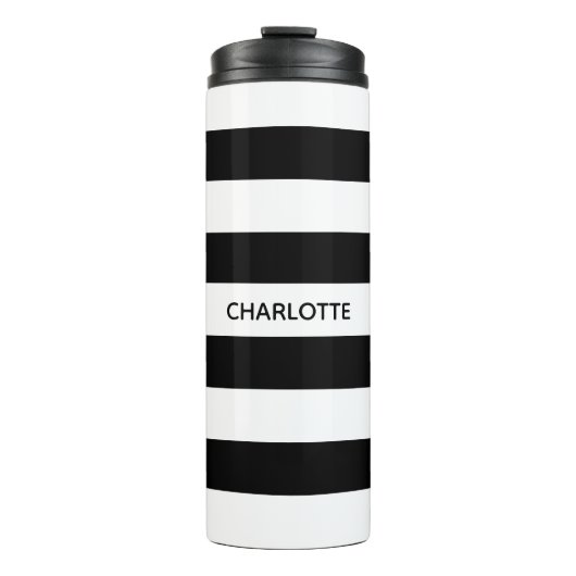 Chic black and white streifen individuelle Name mo Thermosbecher (Vorderseite)