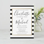 Chic Black and White Stripe Script Foto Wedding Einladung (Stehend Vorderseite)