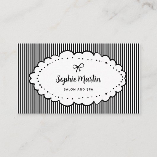 Chic Black and White Stripes and Bow | QR-Code Visitenkarte (Vorderseite)