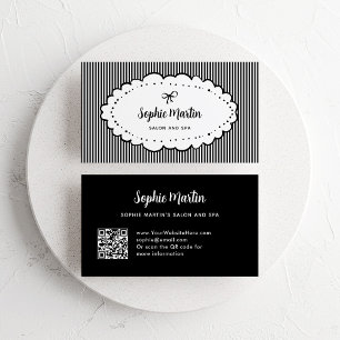 Chic Black and White Stripes and Bow   QR-Code Visitenkarte
