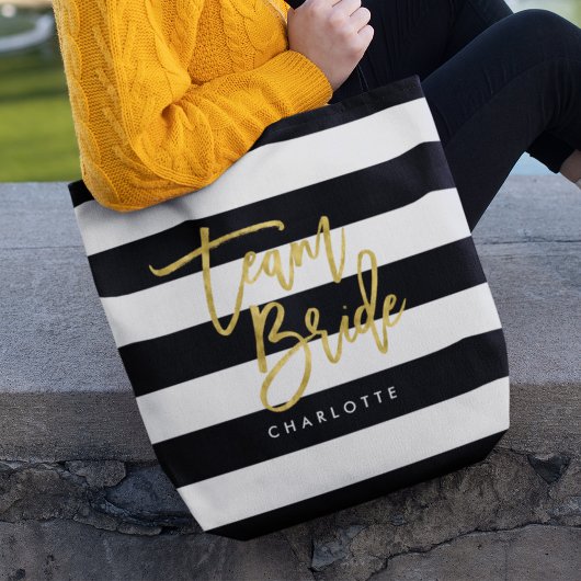 Chic Black and White Stripes Imitate Gold Team Bri Tasche