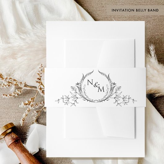 Chic Black and White Wedding Hand Zeichnen Monogra Einladungsbanderole