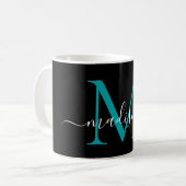 Chic Black Aquamarin Green Monogram Elegant Script Kaffeetasse (Vorderseite Links)