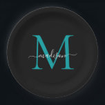 Chic Black Aquamarin Green Monogram Modern Script  Pappteller<br><div class="desc">Einfache,  moderne Schwarz Aquamarin-Grün-Monogramm Moderne Feminine-Script-Namenspapulte</div>