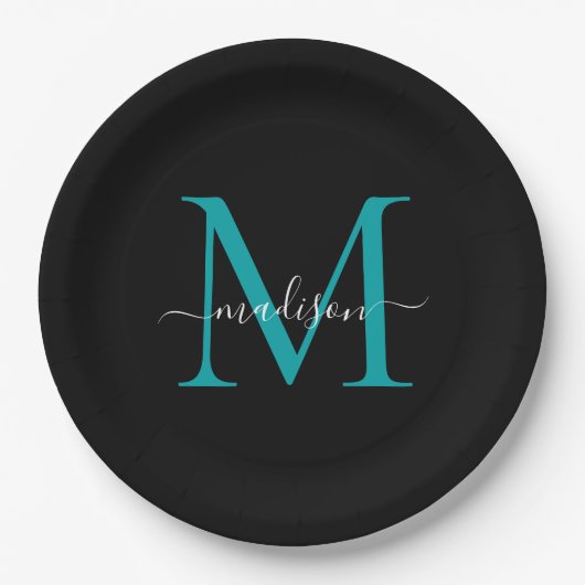 Chic Black Aquamarin Green Monogram Modern Script Pappteller (Vorderseite)