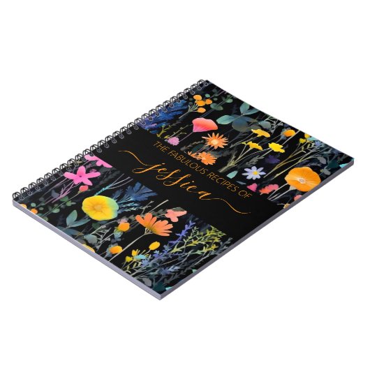 Chic Black Aquarell Wildblumen Name Rezept Notizblock (Linke Seite)