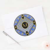 Chic Black & Azure Art Deco Lüftermuster Monogramm Runder Aufkleber (Umschlag)